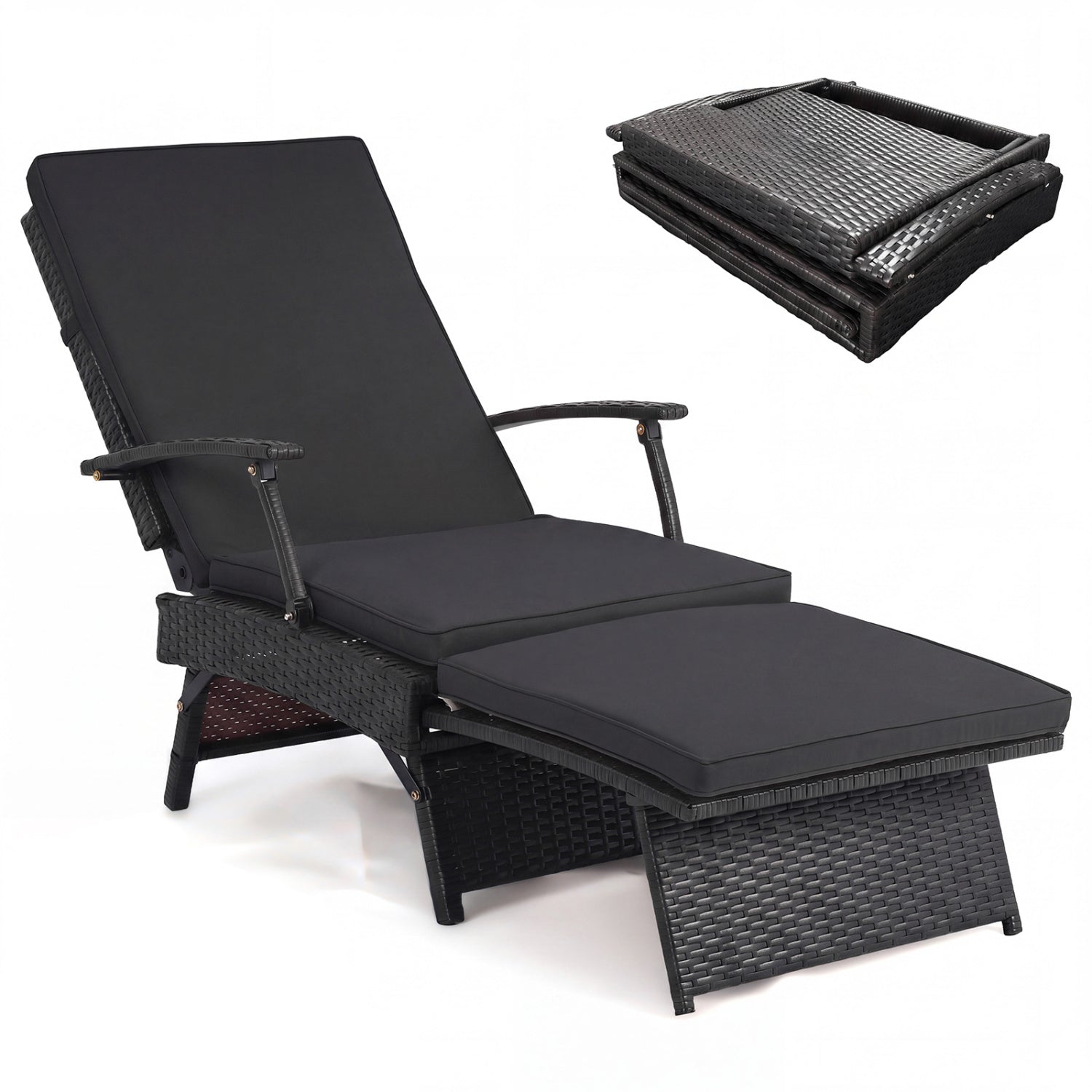 Folding Wicker Chaise Lounge With Ottoman, 11-Level Backrest, Black Outdoor Chaise Lounges Black at Gallery Canada