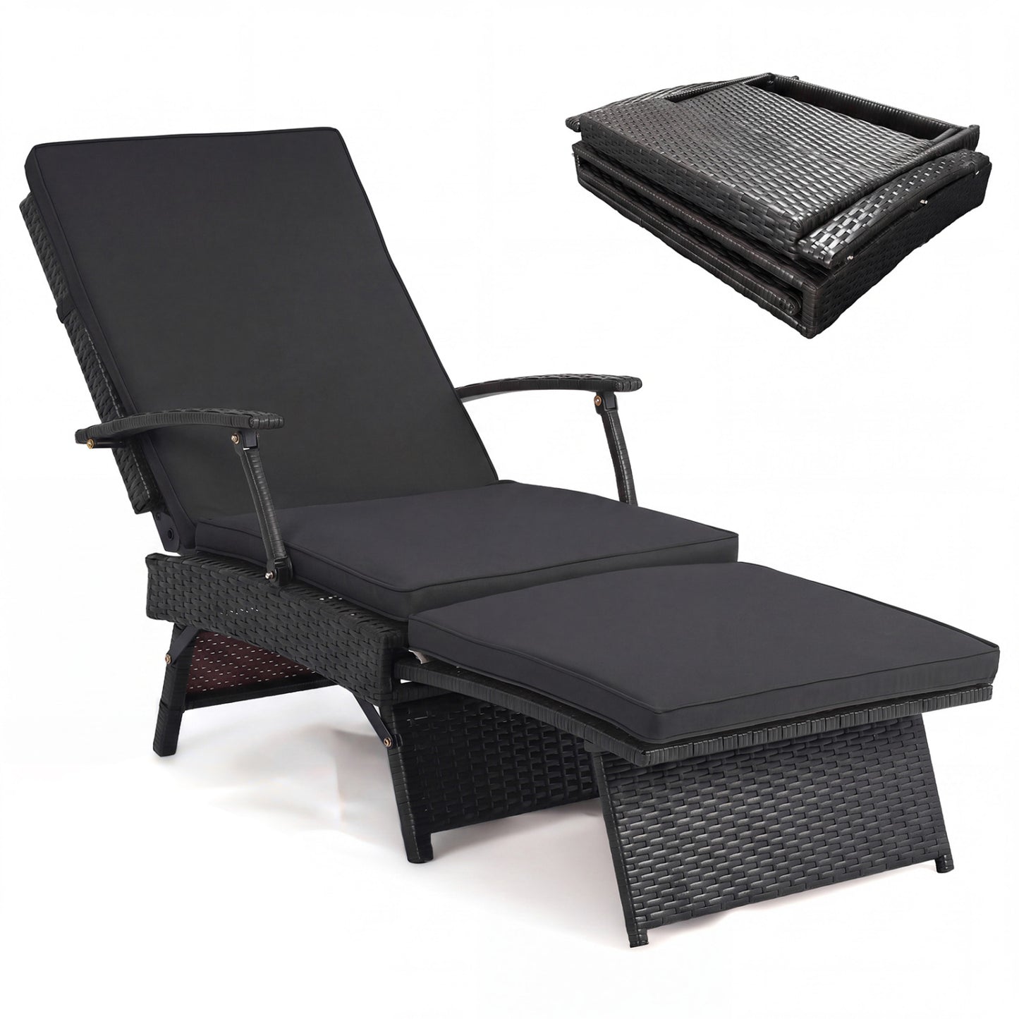 Folding Wicker Chaise Lounge With Ottoman, 11-Level Backrest, Black Outdoor Chaise Lounges Black at Gallery Canada