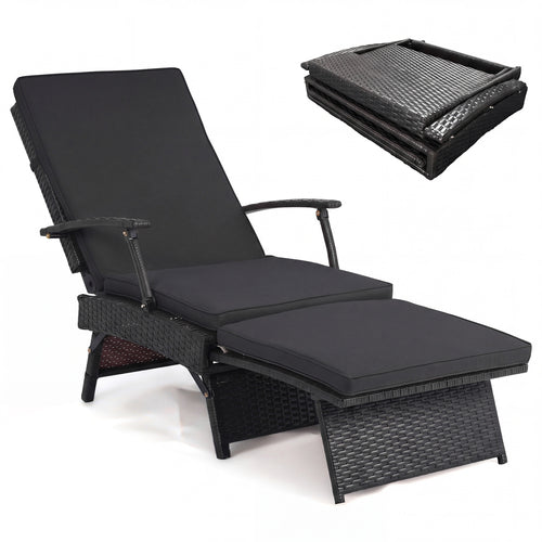 Folding Wicker Chaise Lounge With Ottoman, 11-Level Backrest, Black
