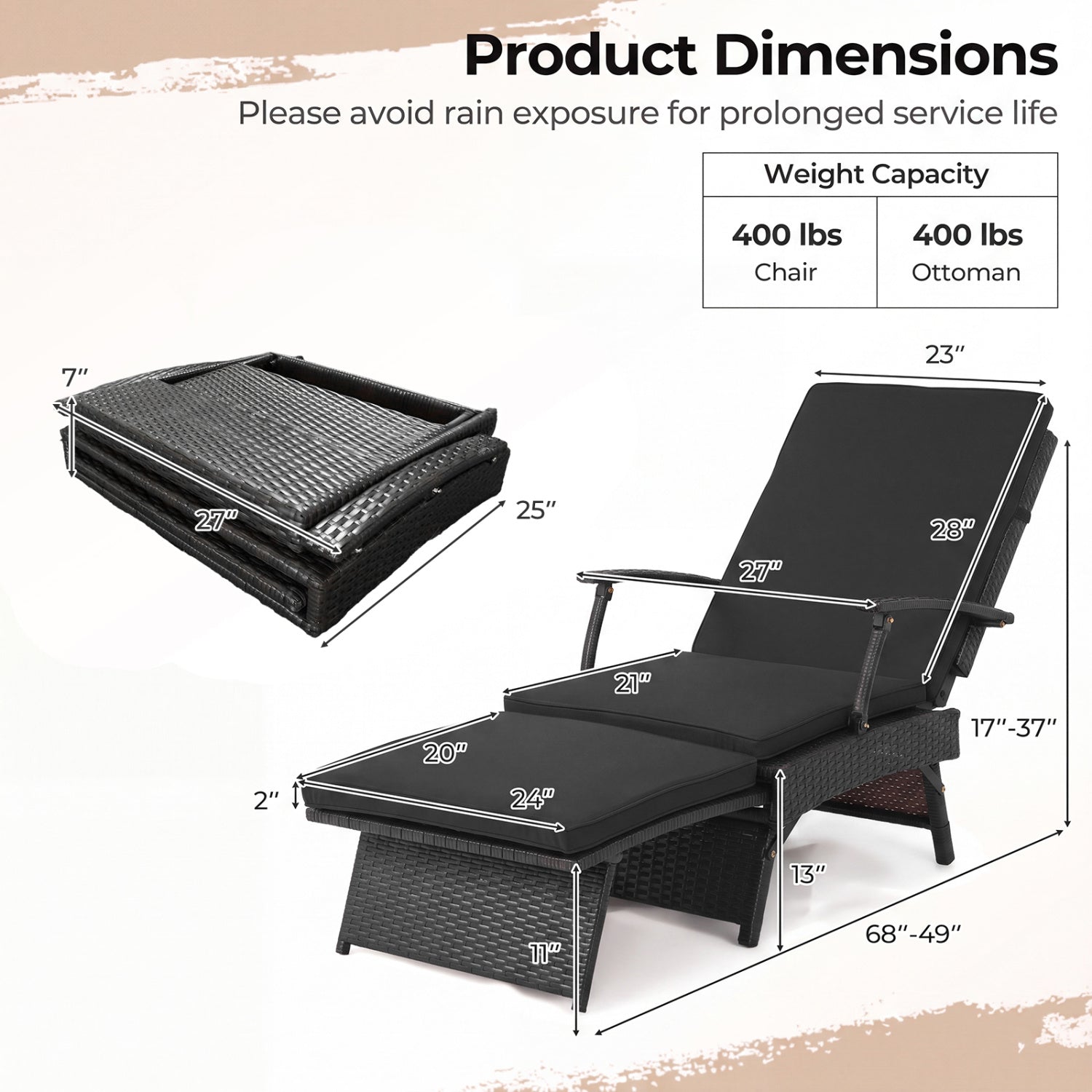 Folding Wicker Chaise Lounge With Ottoman, 11-Level Backrest, Black Outdoor Chaise Lounges at Gallery Canada