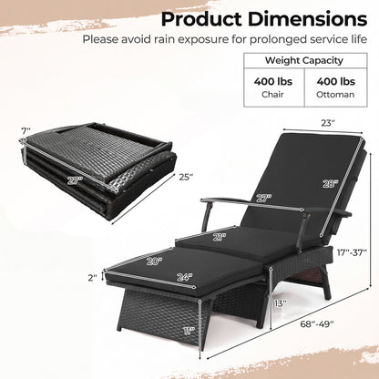 Folding Wicker Chaise Lounge With Ottoman, 11-Level Backrest, Black Outdoor Chaise Lounges at Gallery Canada