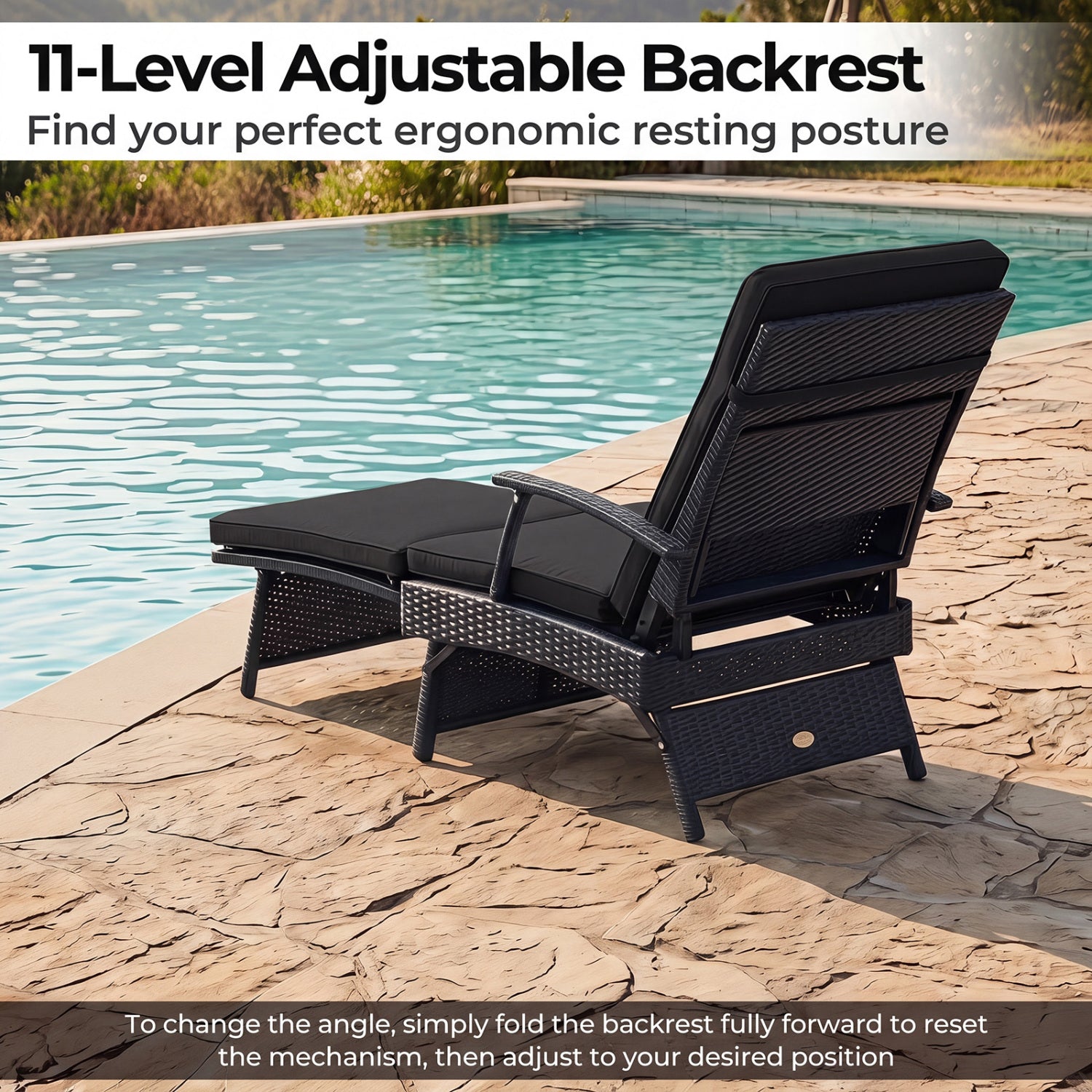 Folding Wicker Chaise Lounge With Ottoman, 11-Level Backrest, Black Outdoor Chaise Lounges at Gallery Canada