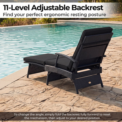 Folding Wicker Chaise Lounge With Ottoman, 11-Level Backrest, Black Outdoor Chaise Lounges at Gallery Canada