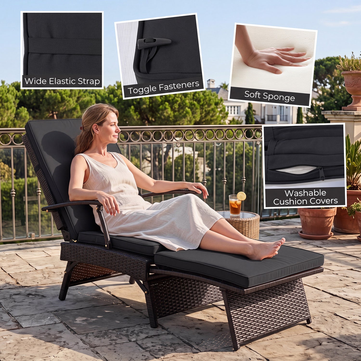 Folding Wicker Chaise Lounge With Ottoman, 11-Level Backrest, Black Outdoor Chaise Lounges at Gallery Canada