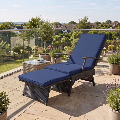 Folding Wicker Chaise Lounge with Slide-Out Ottoman11-Level Adjustable Backrest to Flat and Sun-Proof PE Rattan, Navy