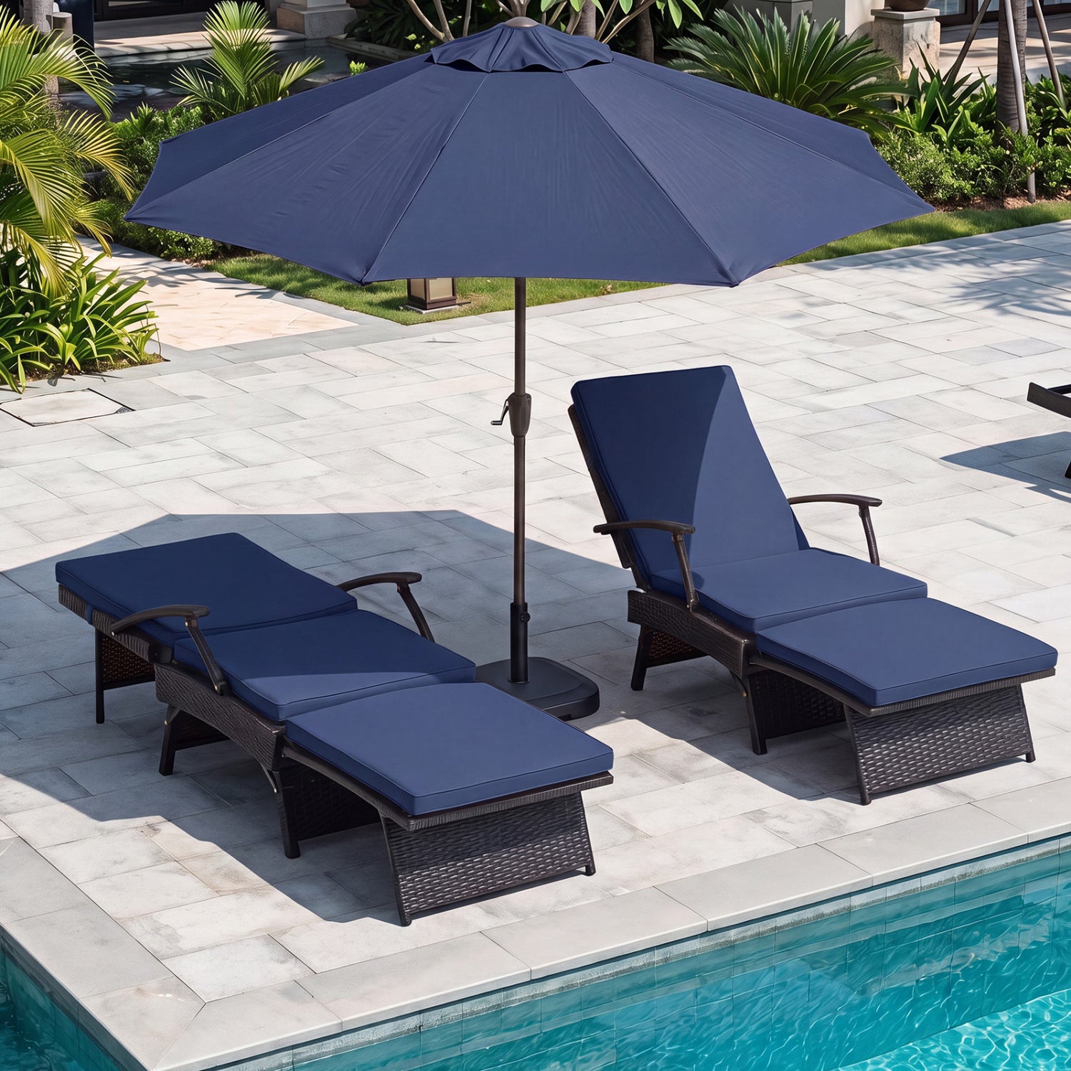 Folding Wicker Chaise Lounge with Slide-Out Ottoman11-Level Adjustable Backrest to Flat and Sun-Proof PE Rattan, Navy Outdoor Chaise Lounges at Gallery Canada