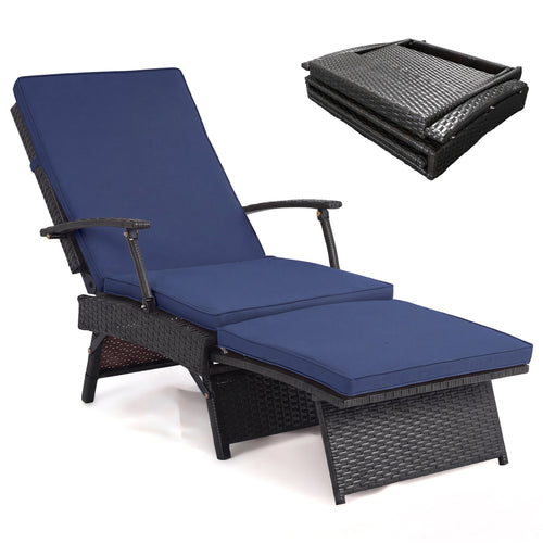 Folding Wicker Chaise Lounge with Slide-Out Ottoman11-Level Adjustable Backrest to Flat and Sun-Proof PE Rattan, Navy