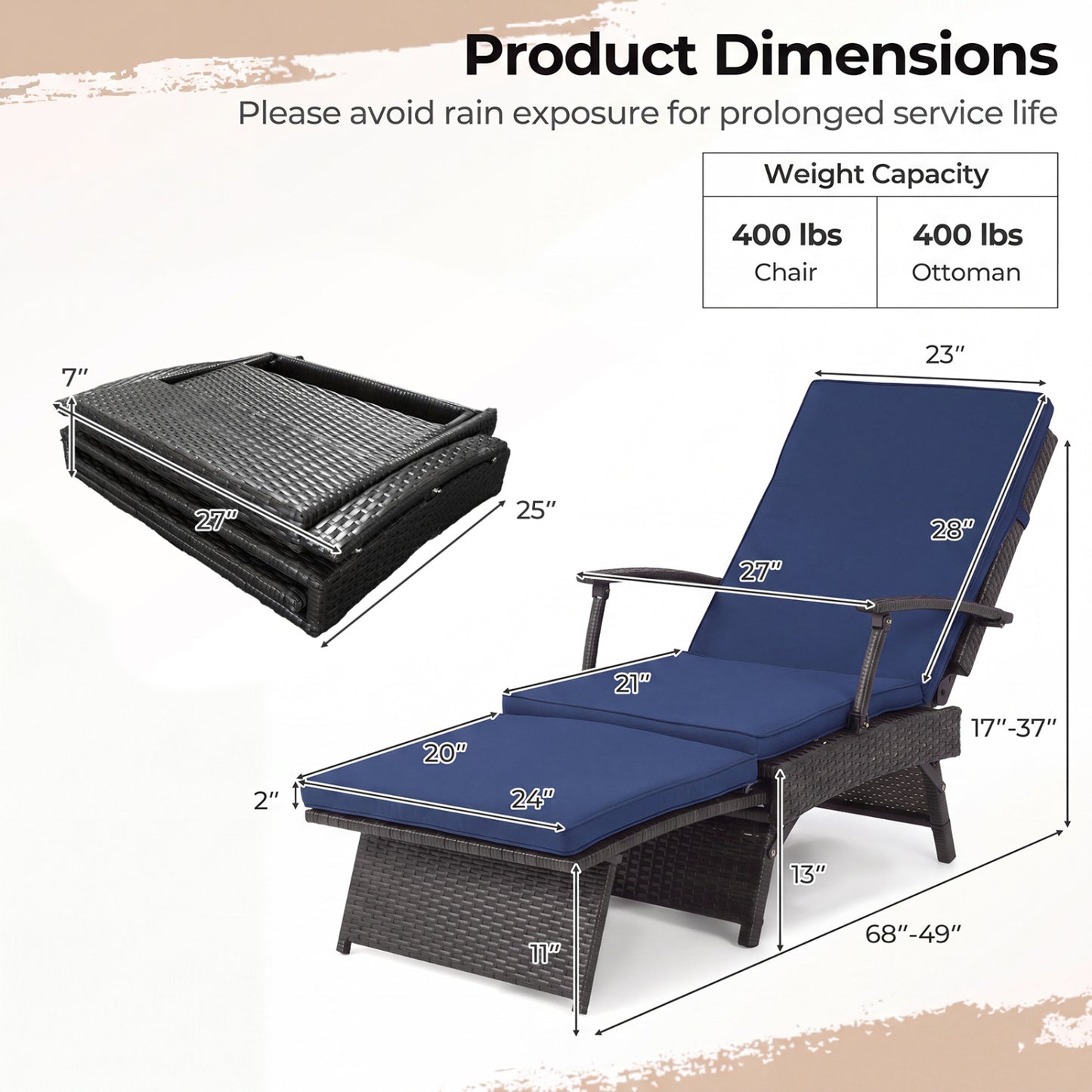 Folding Wicker Chaise Lounge with Slide-Out Ottoman11-Level Adjustable Backrest to Flat and Sun-Proof PE Rattan, Navy Outdoor Chaise Lounges at Gallery Canada