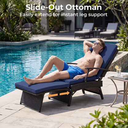 Folding Wicker Chaise Lounge with Slide-Out Ottoman11-Level Adjustable Backrest to Flat and Sun-Proof PE Rattan, Navy Outdoor Chaise Lounges at Gallery Canada