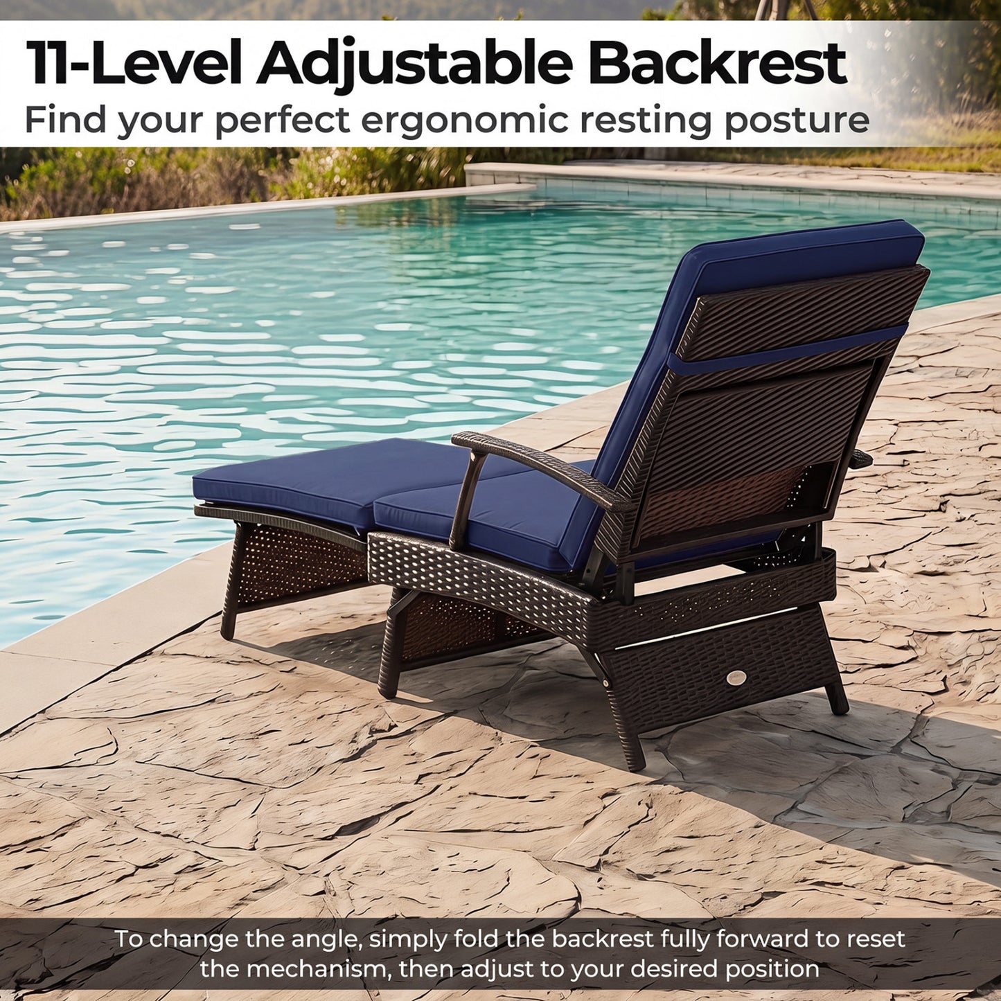 Folding Wicker Chaise Lounge with Slide-Out Ottoman11-Level Adjustable Backrest to Flat and Sun-Proof PE Rattan, Navy Outdoor Chaise Lounges at Gallery Canada