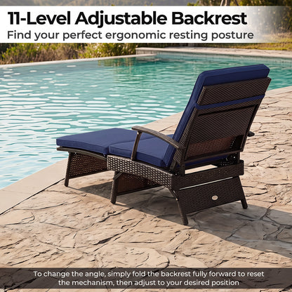 Folding Wicker Chaise Lounge with Slide-Out Ottoman11-Level Adjustable Backrest to Flat and Sun-Proof PE Rattan, Navy Outdoor Chaise Lounges at Gallery Canada