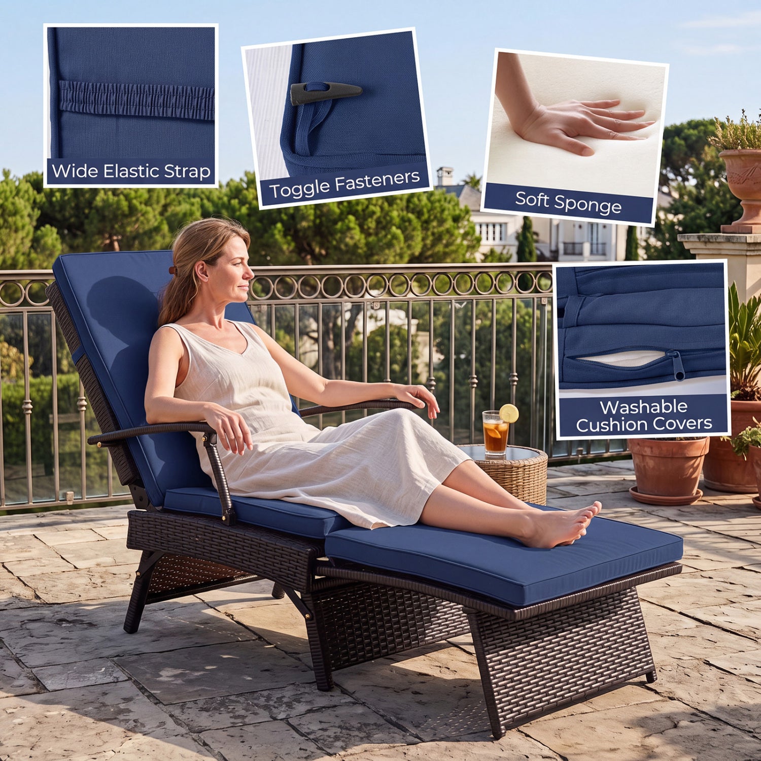 Folding Wicker Chaise Lounge with Slide-Out Ottoman11-Level Adjustable Backrest to Flat and Sun-Proof PE Rattan, Navy Outdoor Chaise Lounges at Gallery Canada