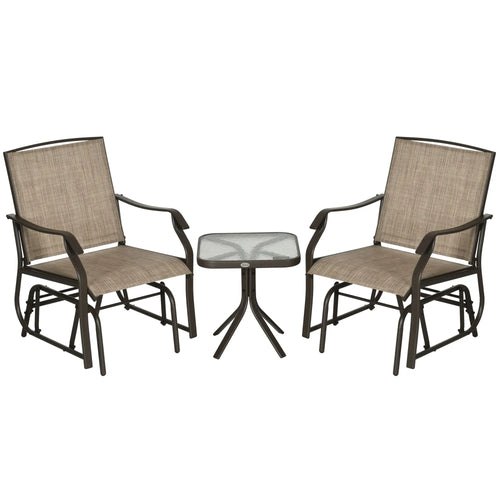 3 Piece Patio Glider Set, Outdoor Gliders, Mesh Seat, Glass Table, Mixed Brown, Brown