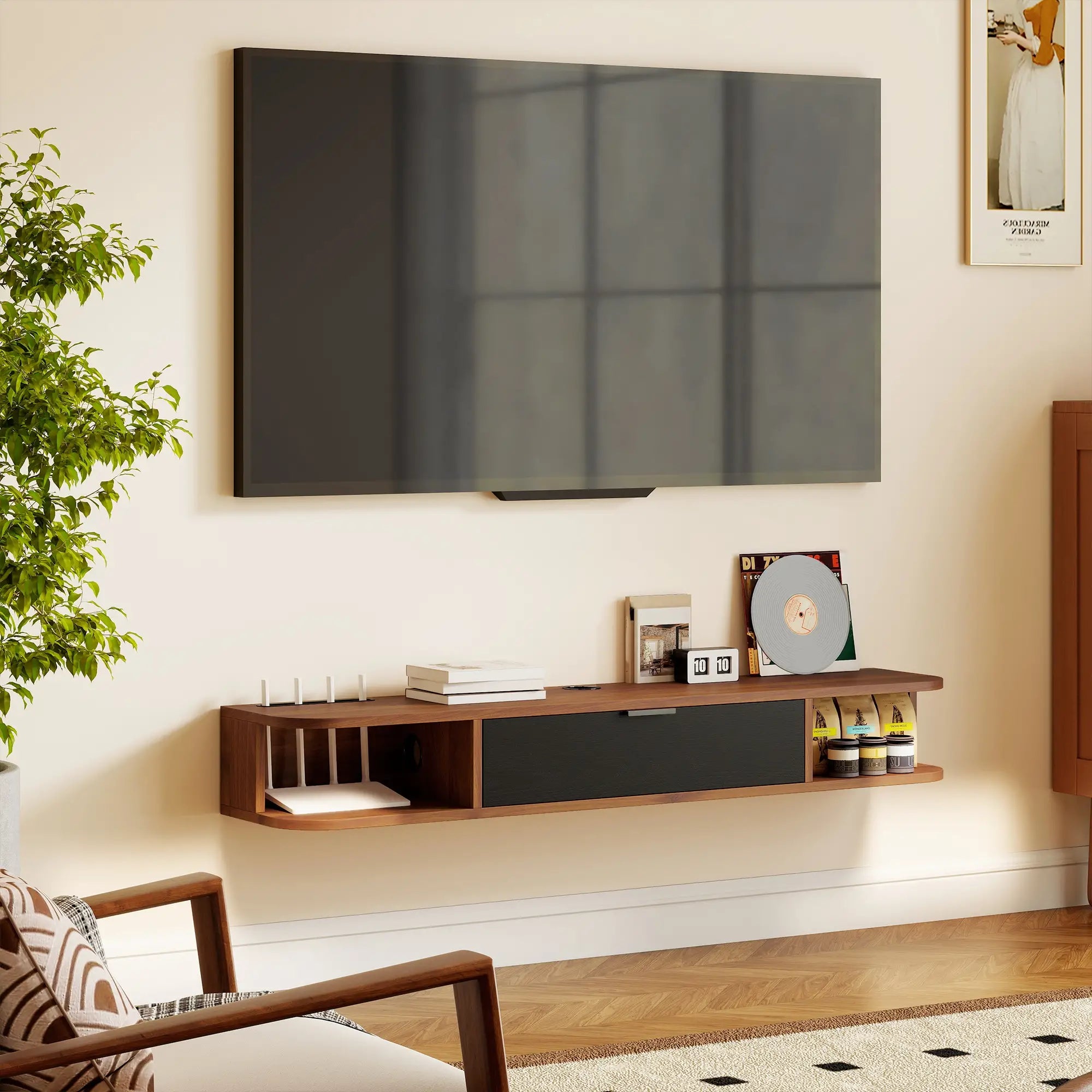 47 Inch Floating TV Stand, Wall Mounted Media Console, Flip Drawer, 2 Open Shelves, Walnut TV Stands at Gallery Canada