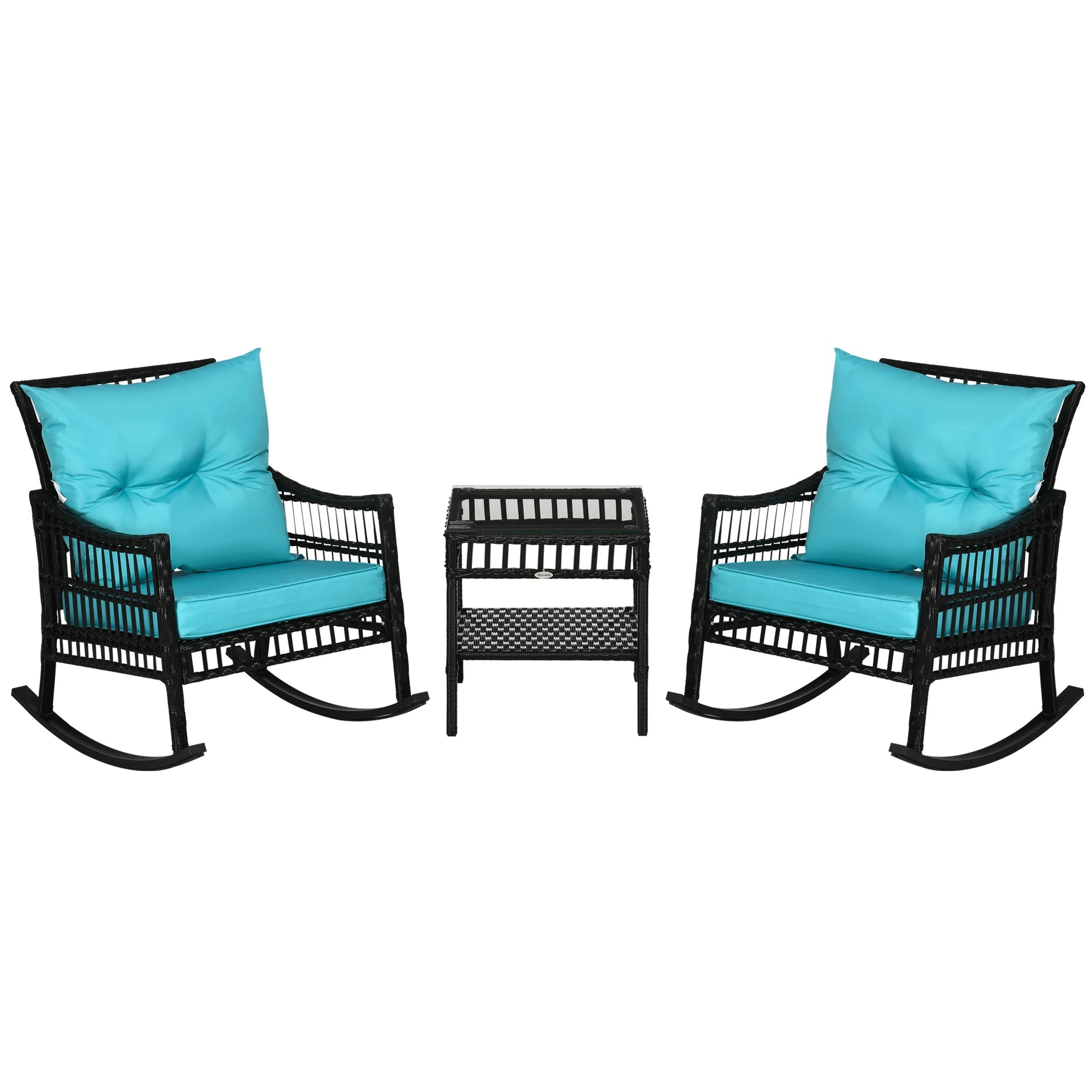 3-Piece Outdoor PE Rattan Rocker Chair Set, 25"x26"x28", Turquoise Green Outdoor Rocking Chairs Black Rattan, Turquoise Green Cushion at Gallery Canada