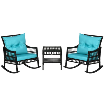 3-Piece Outdoor PE Rattan Rocker Chair Set, 25"x26"x28", Turquoise Green Outdoor Rocking Chairs Black Rattan, Turquoise Green Cushion at Gallery Canada