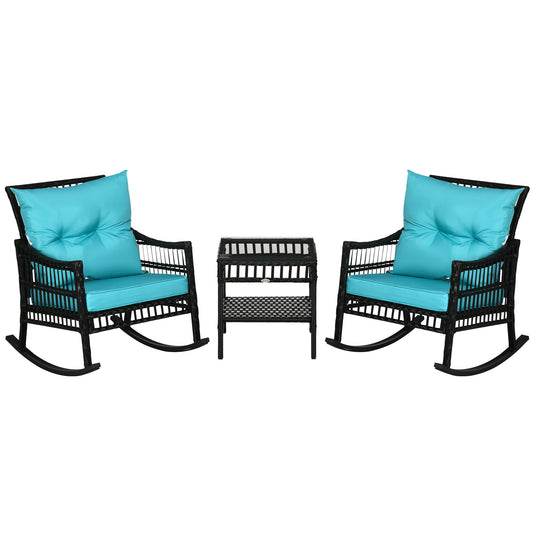 3-Piece Outdoor PE Rattan Rocker Chair Set, 25"x26"x28", Turquoise Green Outdoor Rocking Chairs Black Rattan, Turquoise Green Cushion at Gallery Canada