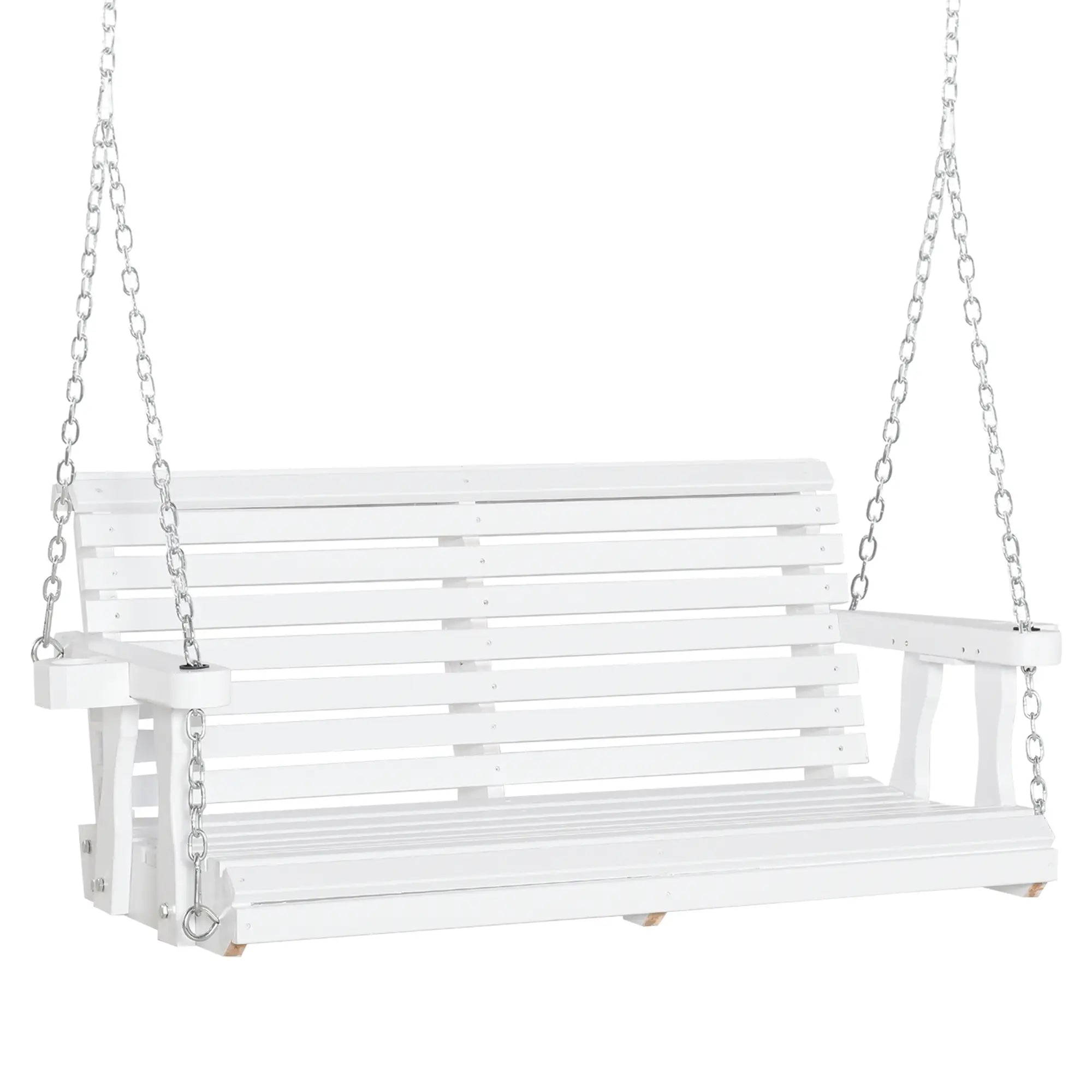 2 Seater Wooden Porch Swing, Outdoor Patio Chair with Cup Holder, White Hanging Porch Swings at Gallery Canada