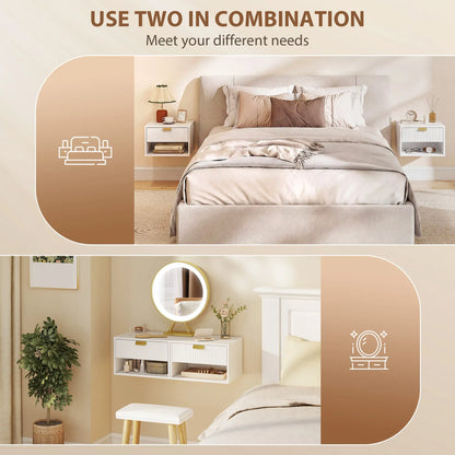 Set of 2 Floating Nightstands, Wall Mounted with Fluted Drawer and Shelf, White