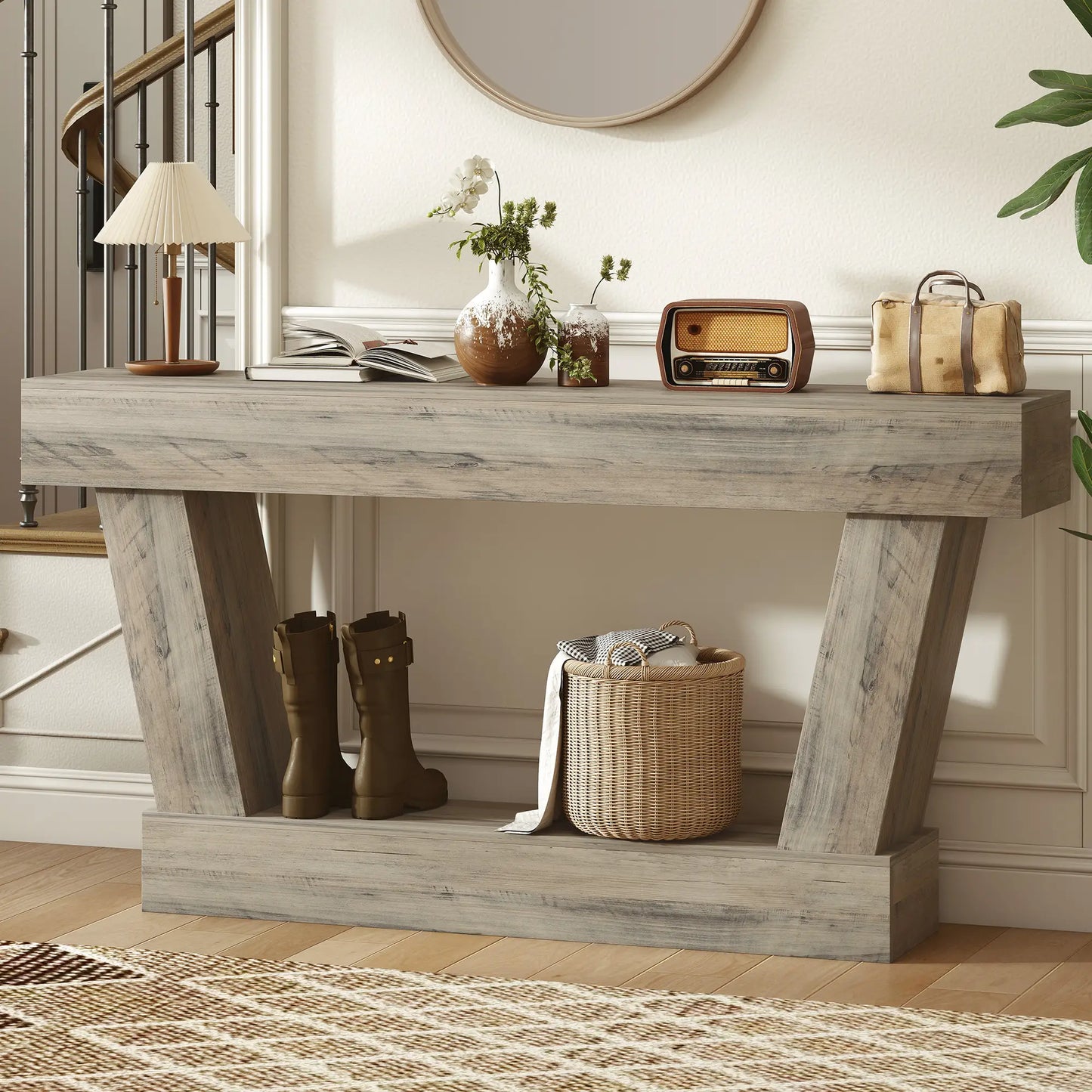 63 Inch Vintage Console Table, Narrow Entryway Table with Shelf, Light Brown Console Tables at Gallery Canada
