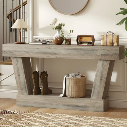 63 Inch Vintage Console Table, Narrow Entryway Table with Shelf, Light Brown Console Tables at Gallery Canada