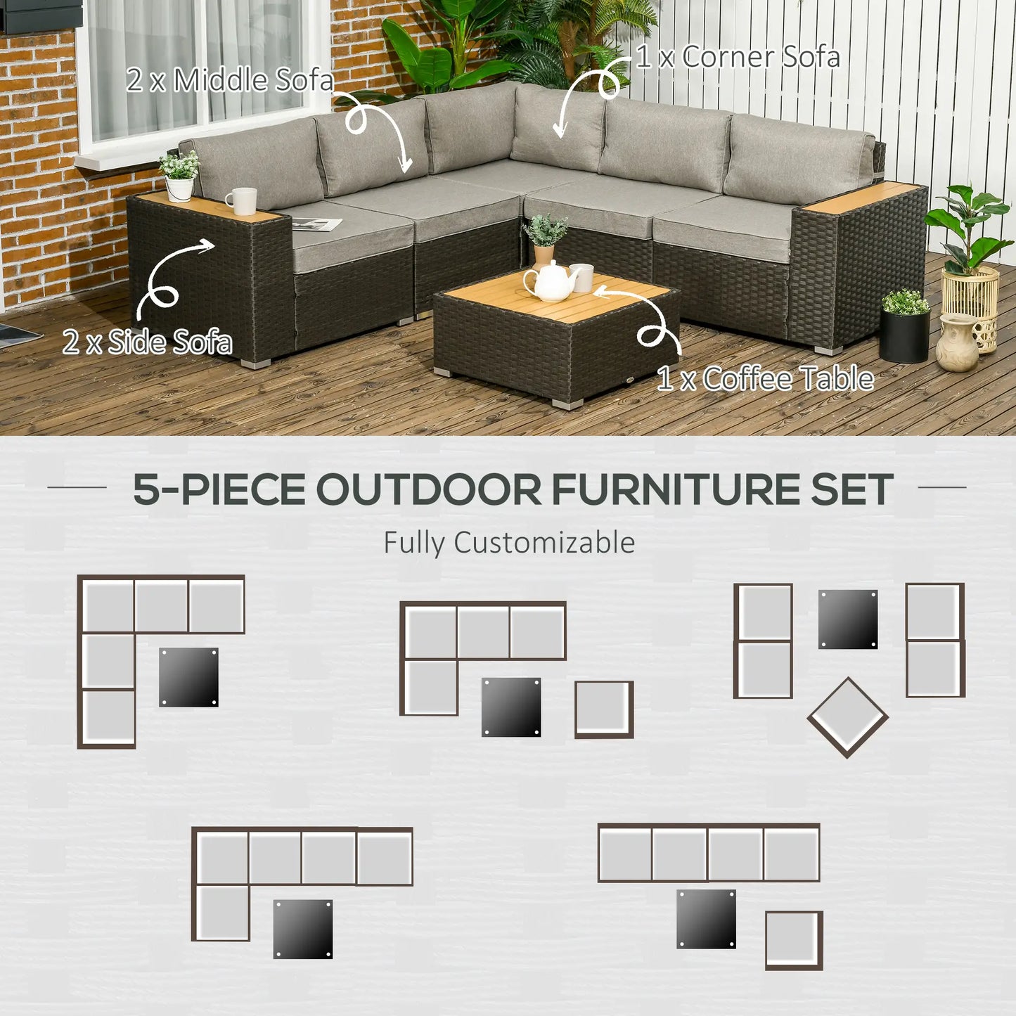 6-Piece Outdoor Rattan Patio Set, Corner Sofa, WPC Table, Light Grey Patio Furniture Sets at Gallery Canada