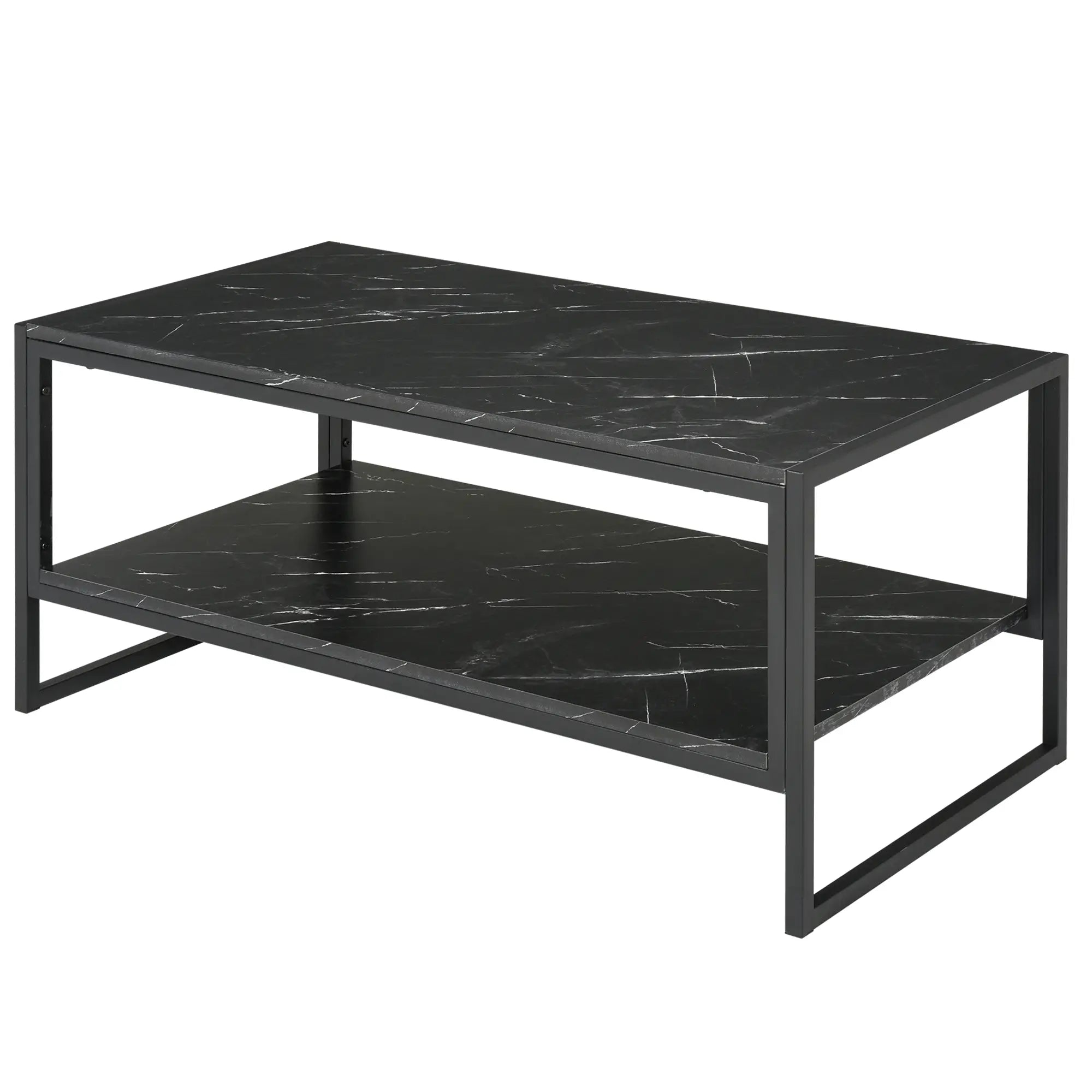 2-Tier Coffee Table with Storage, Marble Textured Top, Black Coffee Tables Black at Gallery Canada
