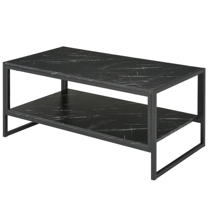 2-Tier Coffee Table with Storage, Marble Textured Top, Black Coffee Tables Black at Gallery Canada