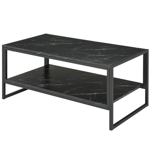 2-Tier Coffee Table with Storage, Marble Textured Top, Black