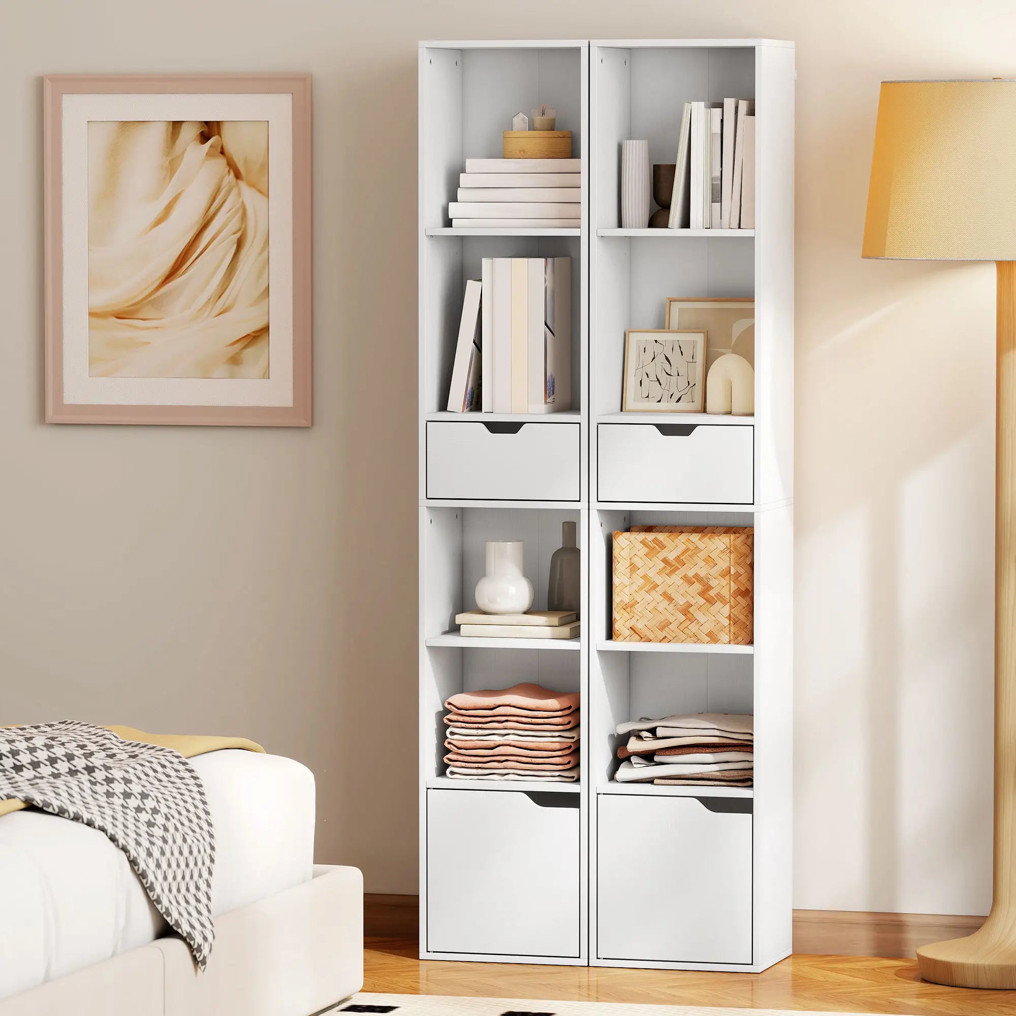 6-Tier Bookcase, Tall Narrow Bookshelf with Drawer and Door, White Display Bookshelves at Gallery Canada