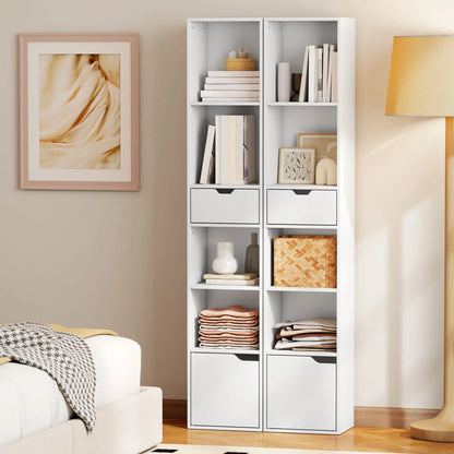 6-Tier Bookcase, Tall Narrow Bookshelf with Drawer and Door, White Display Bookshelves at Gallery Canada