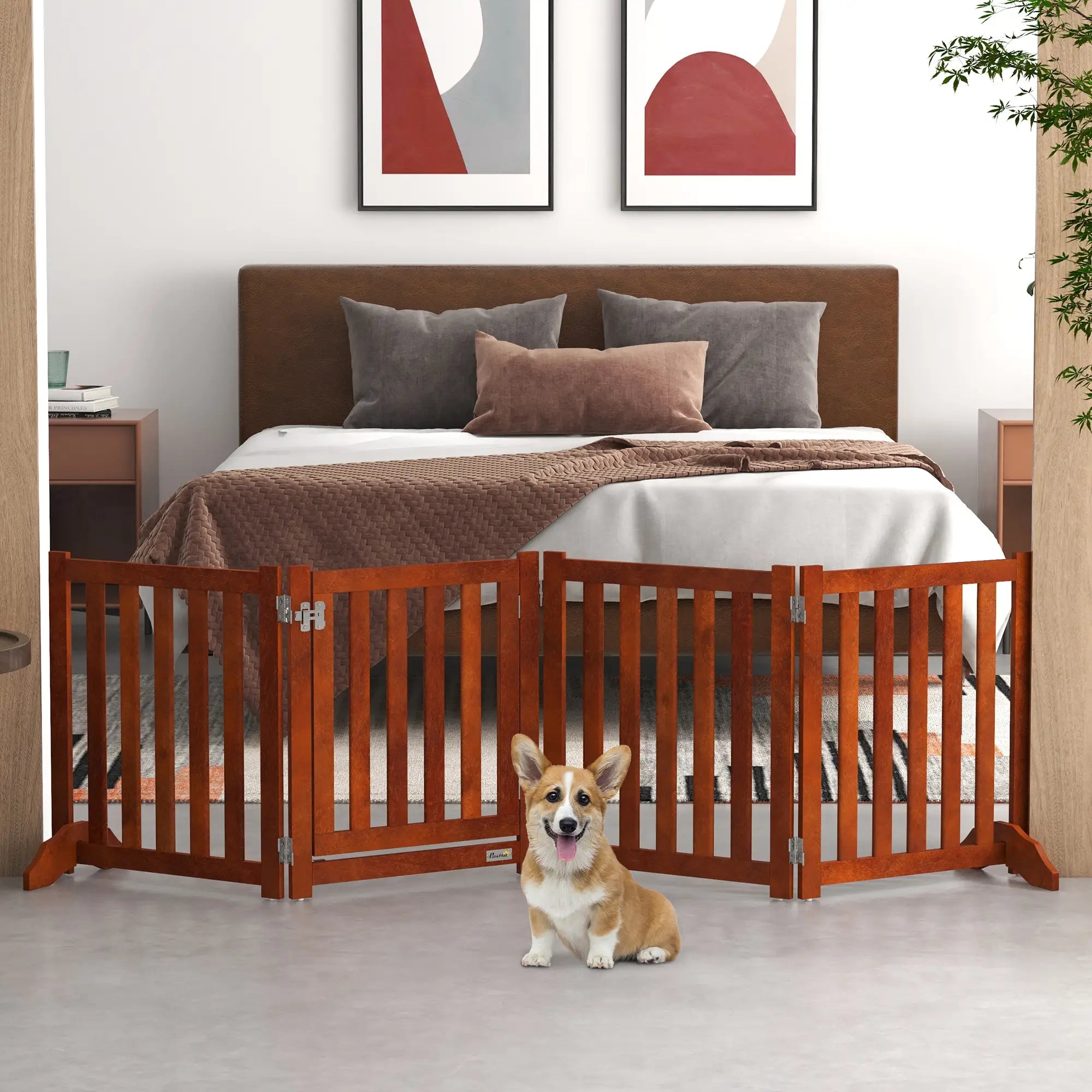 Foldable Dog Gate With Door, 4 Panels Freestanding, Brown Houses, Kennels & Pens at Gallery Canada