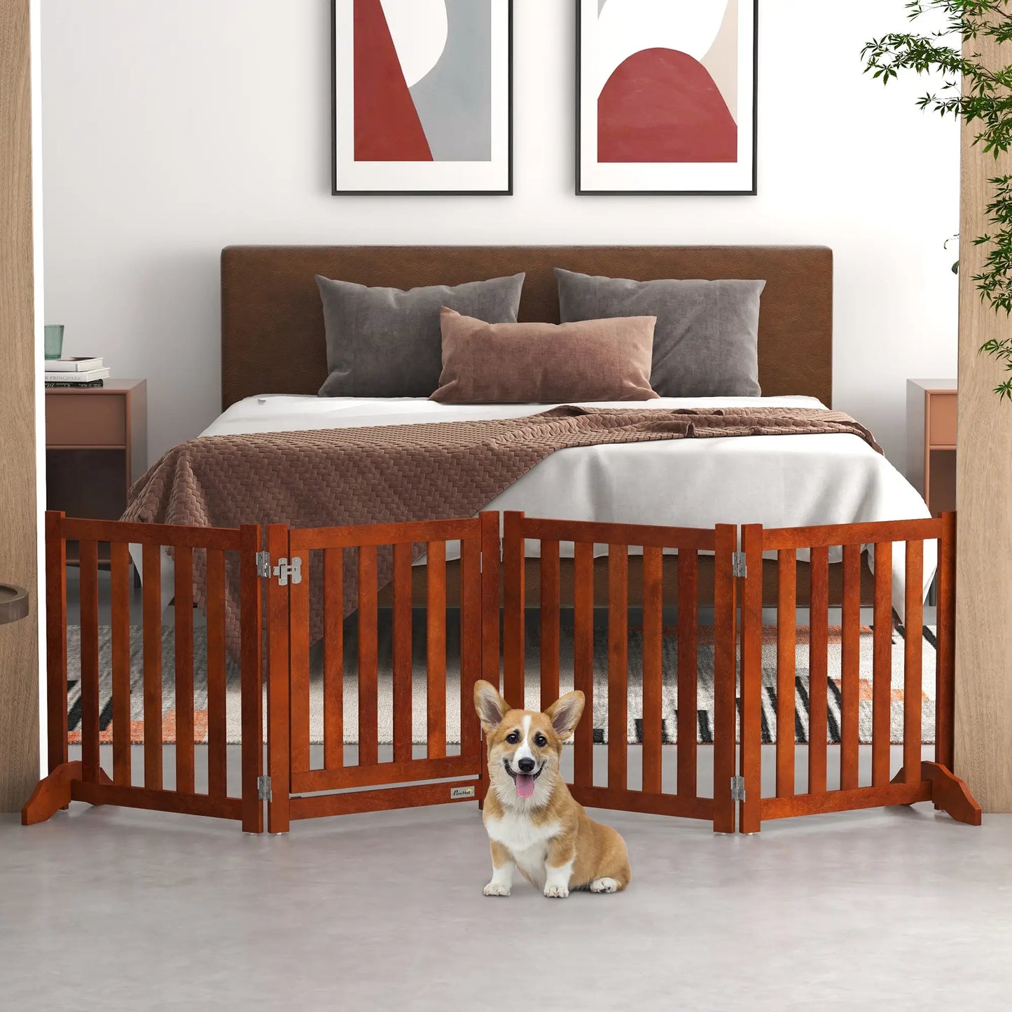 Foldable Dog Gate With Door, 4 Panels Freestanding, Brown Houses, Kennels & Pens at Gallery Canada