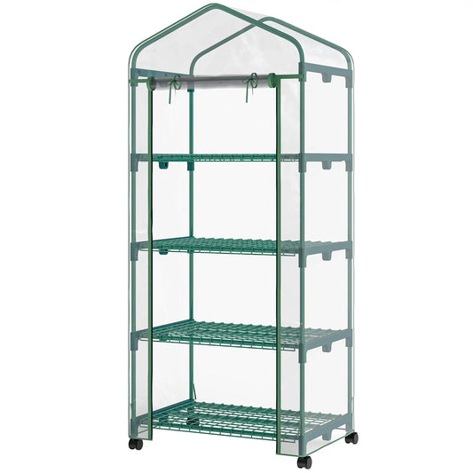 27" x 20" x 65" Portable Greenhouse, 4 Tier Shelves, Wheels, Steel Frame, Clear Plastic Cover Greenhouses Clear, Dark Green at Gallery Canada