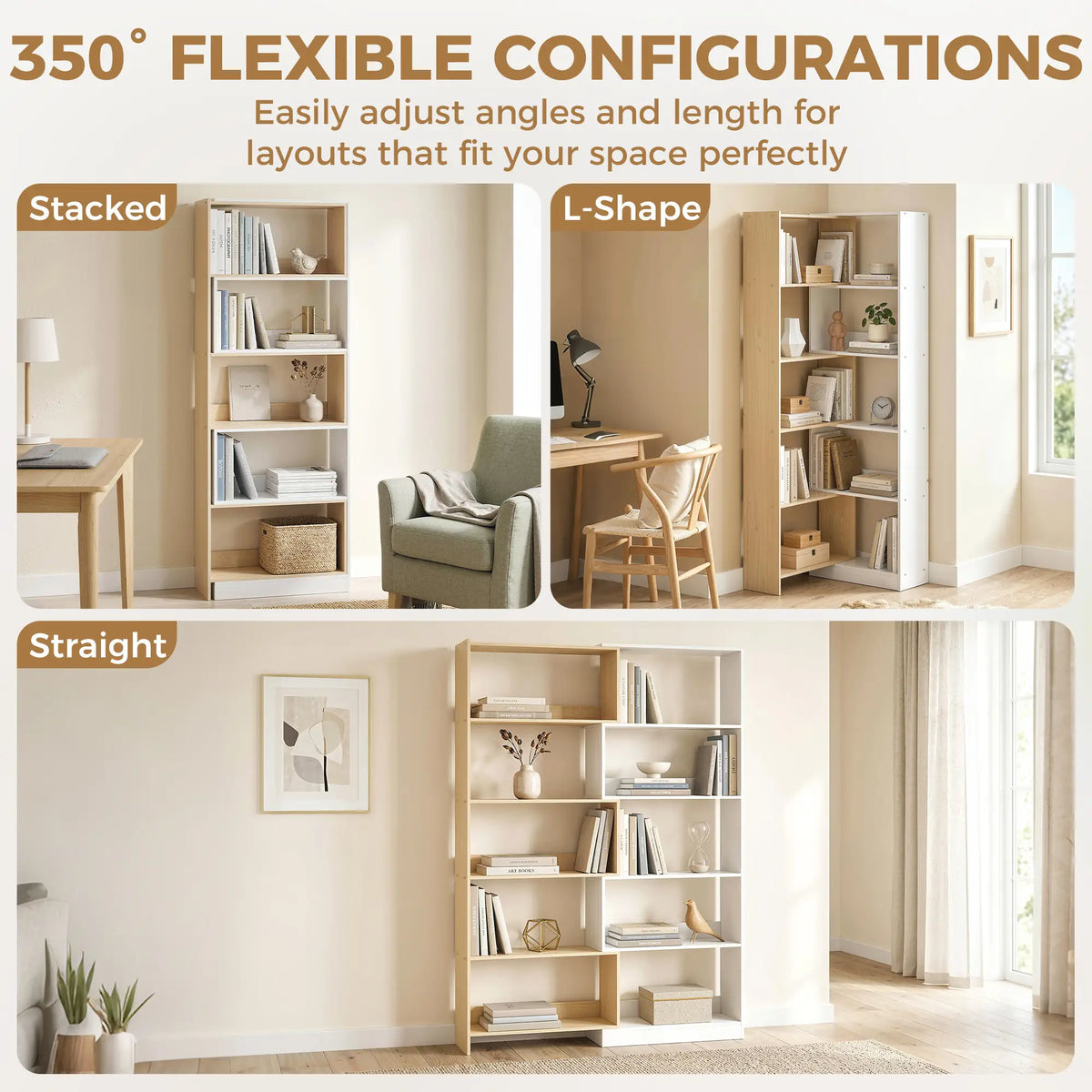 Corner Bookshelf, 5-Tier L-Shaped Bookcase with 350° Rotating Design, Two-Tone Design, Fruitwood/White Display Bookshelves at Gallery Canada