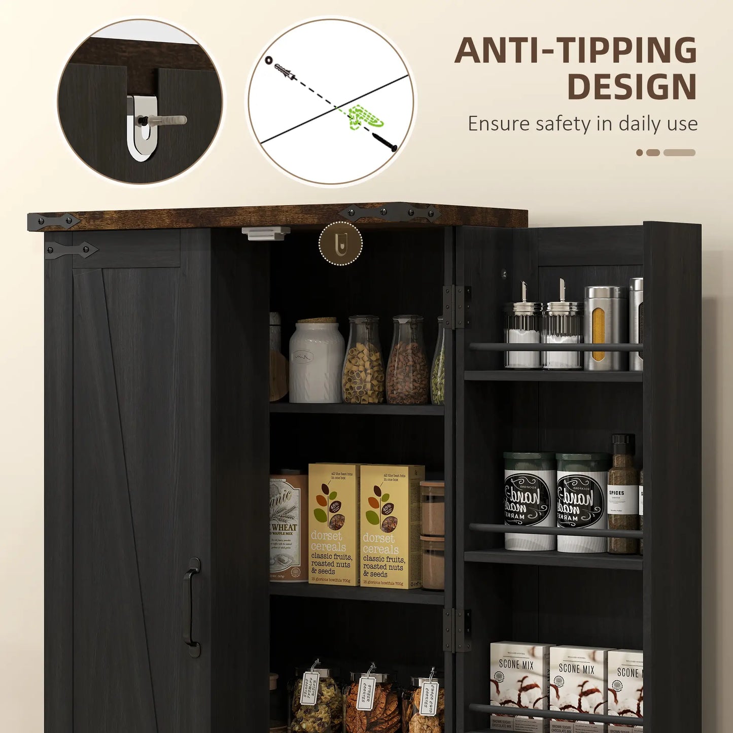 Farmhouse Kitchen Pantry Cabinet, Adjustable Shelves, Black Kitchen Pantry Cabinets at Gallery Canada