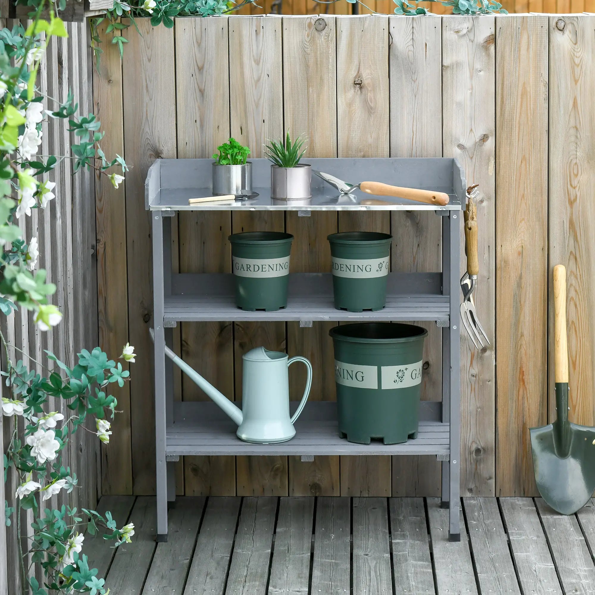 Outdoor Garden Wooden Potting Bench, Work Table w/ Hooks, Grey Potting Benches & Tables at Gallery Canada