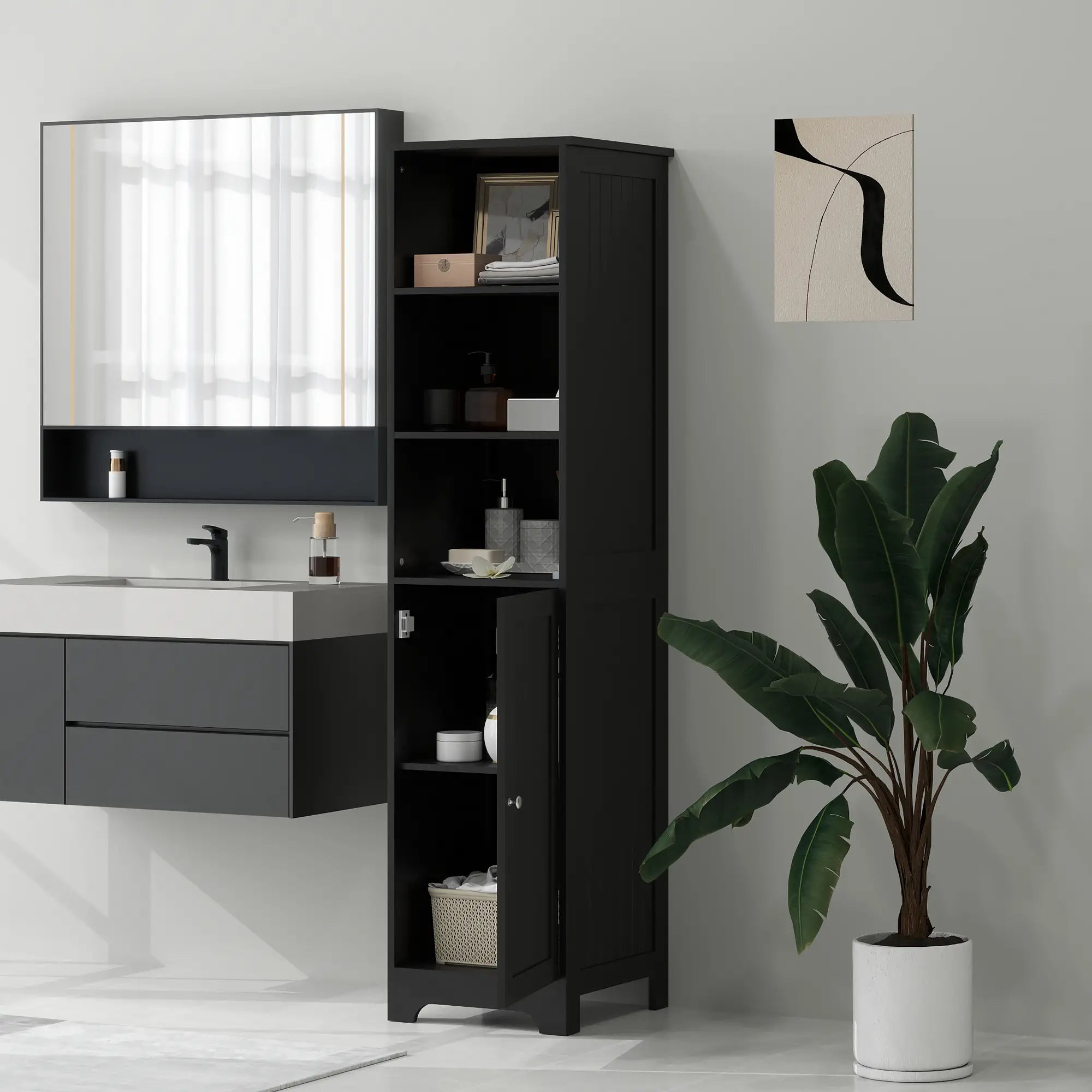 Tall Bathroom Storage Cabinet, Freestanding with Adjustable Shelf, 3 Open Shelves, Black Bathroom Cabinets at Gallery Canada