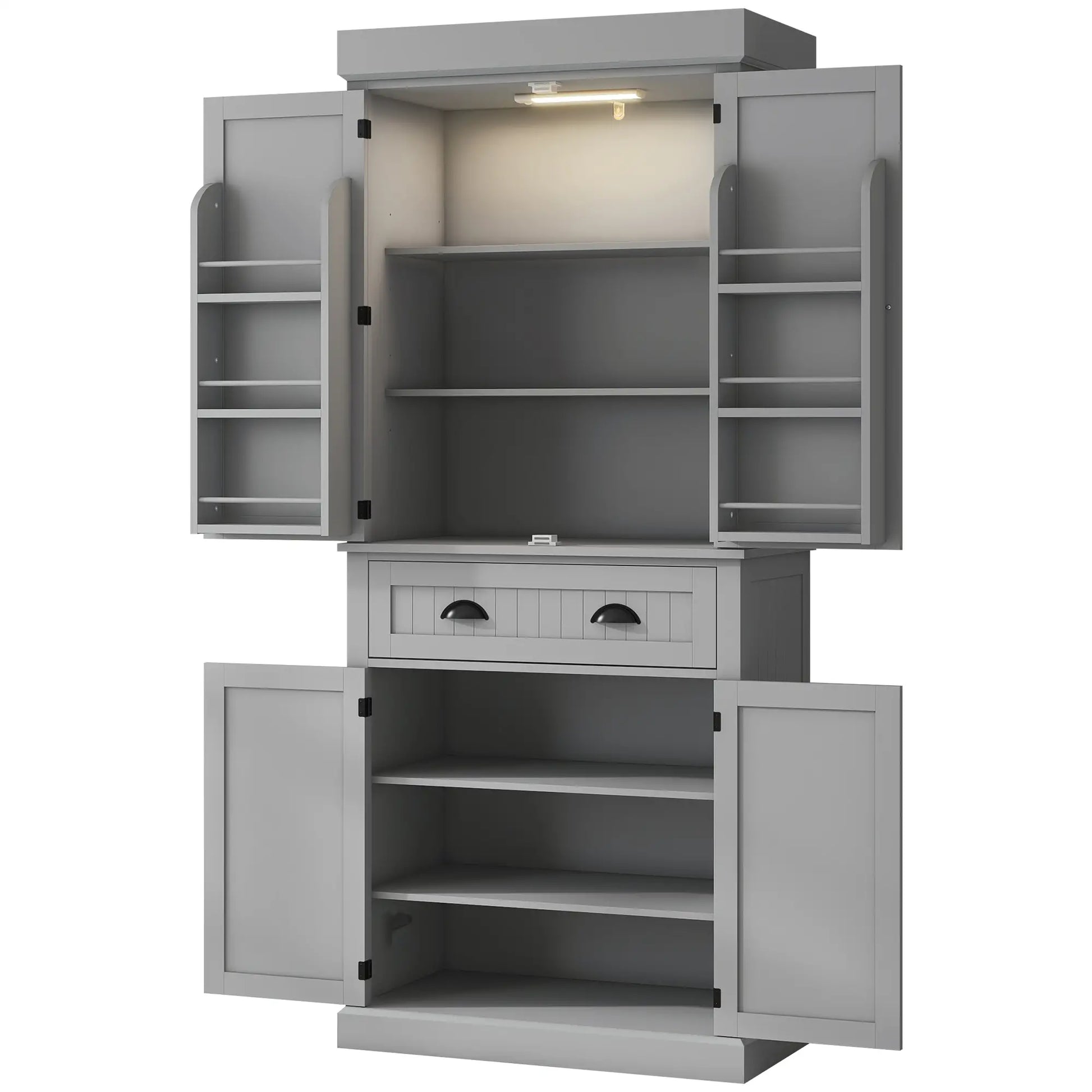 71" Kitchen Pantry Cabinet, LED Lights, 6 Spice Racks, Drawer, 4 Shelves, Grey Kitchen Pantry Cabinets Grey at Gallery Canada