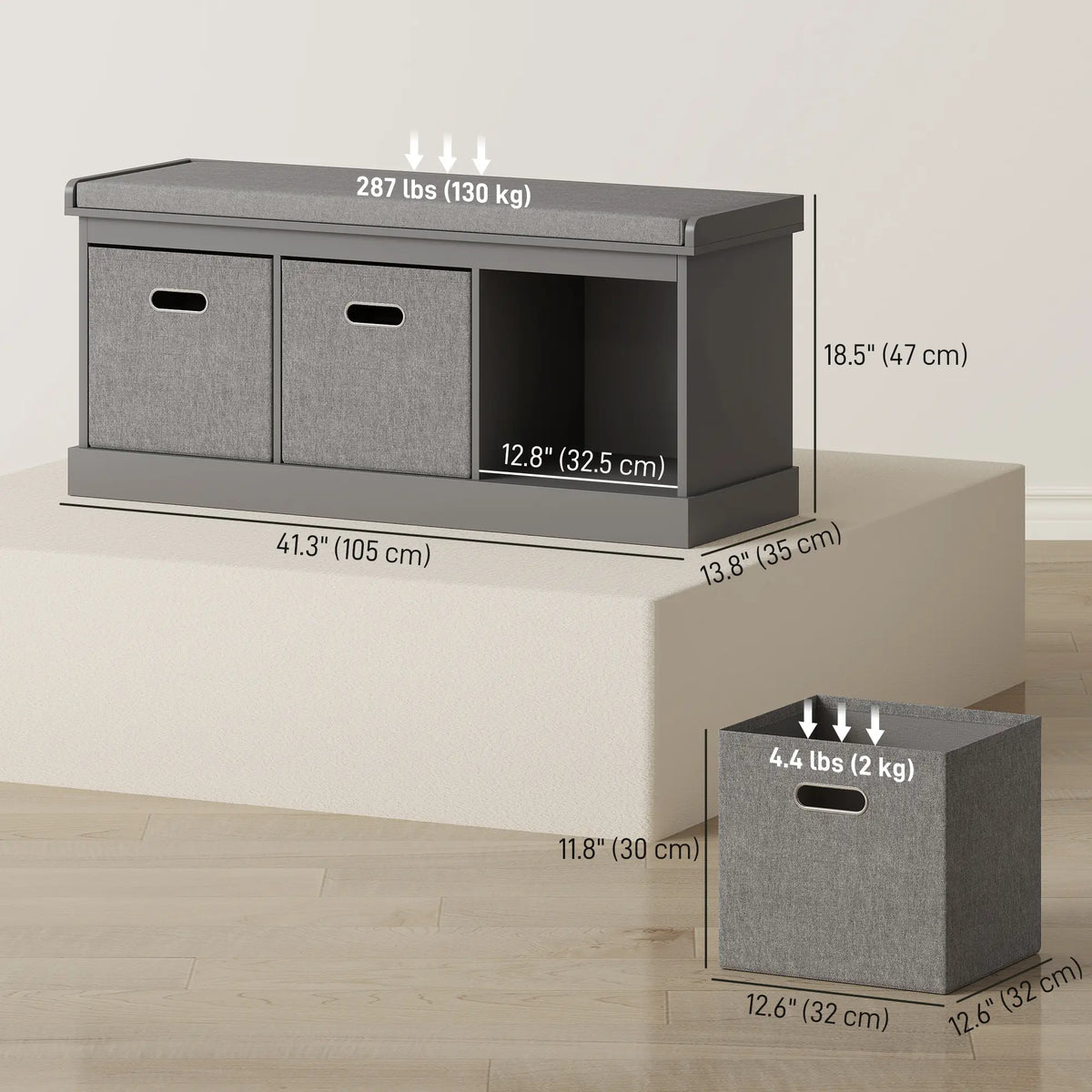Banc de rangement pour chaussures avec siège, 3 tiroirs en tissu, Gris