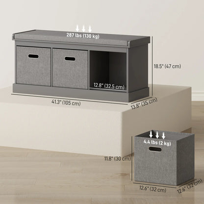 Banc de rangement pour chaussures avec siège, 3 tiroirs en tissu, Gris