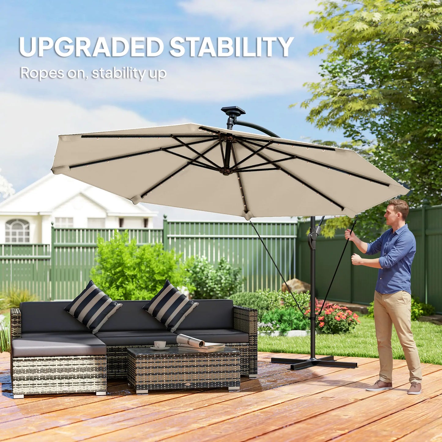 11.3 ft Cantilever Patio Umbrella With Light, Cover, Aluminium UPF50+, Khaki Offset Cantilever Umbrellas at Gallery Canada