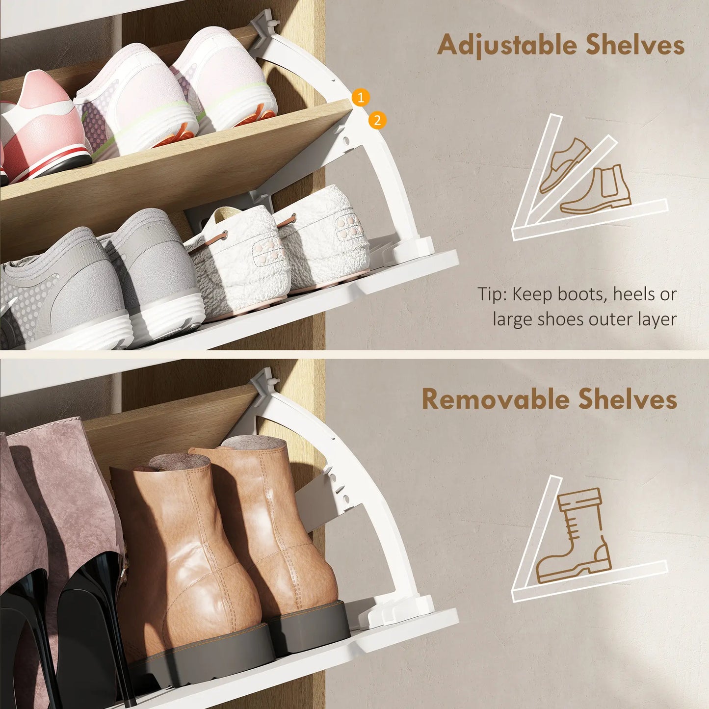 Narrow Shoe Cabinet, 2 Flip Drawers, Adjustable Shelves, White Shoe Storage Cabinets & Racks at Gallery Canada