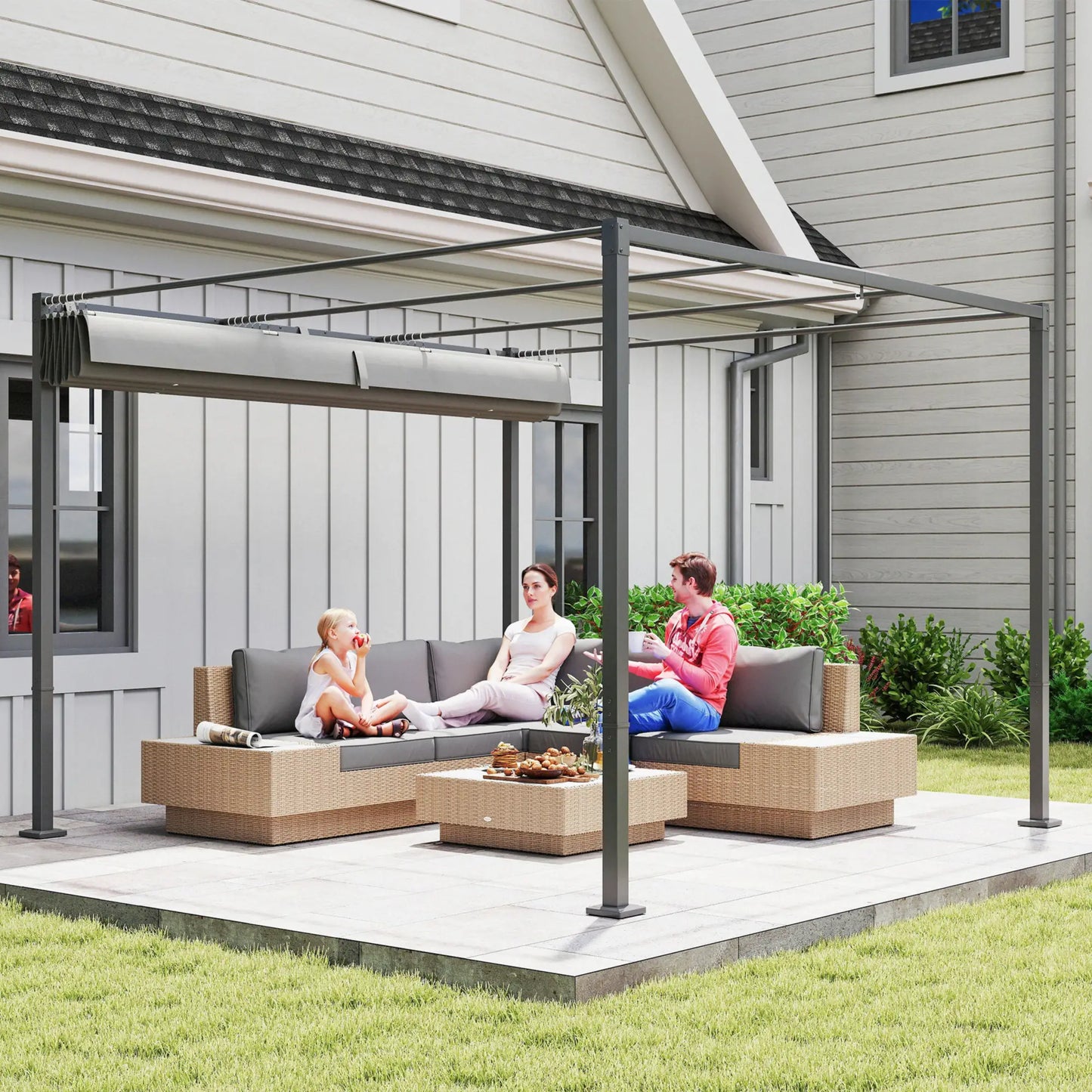 Gazebo extérieur gris 10' x 10', Toit de pergola rétractable, Kit métallique UPF30+, Gris