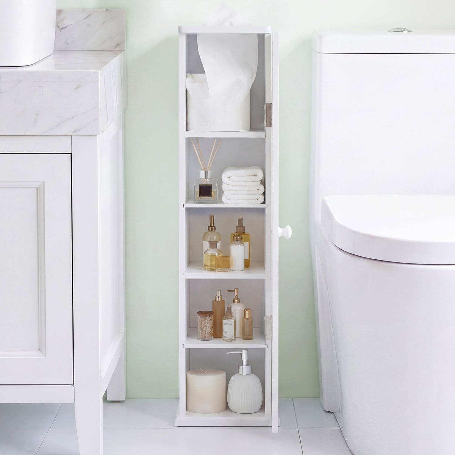 Free Standing Toilet Paper Holder, 4 Shelves With Top Slot, White Floor Cabinets at Gallery Canada