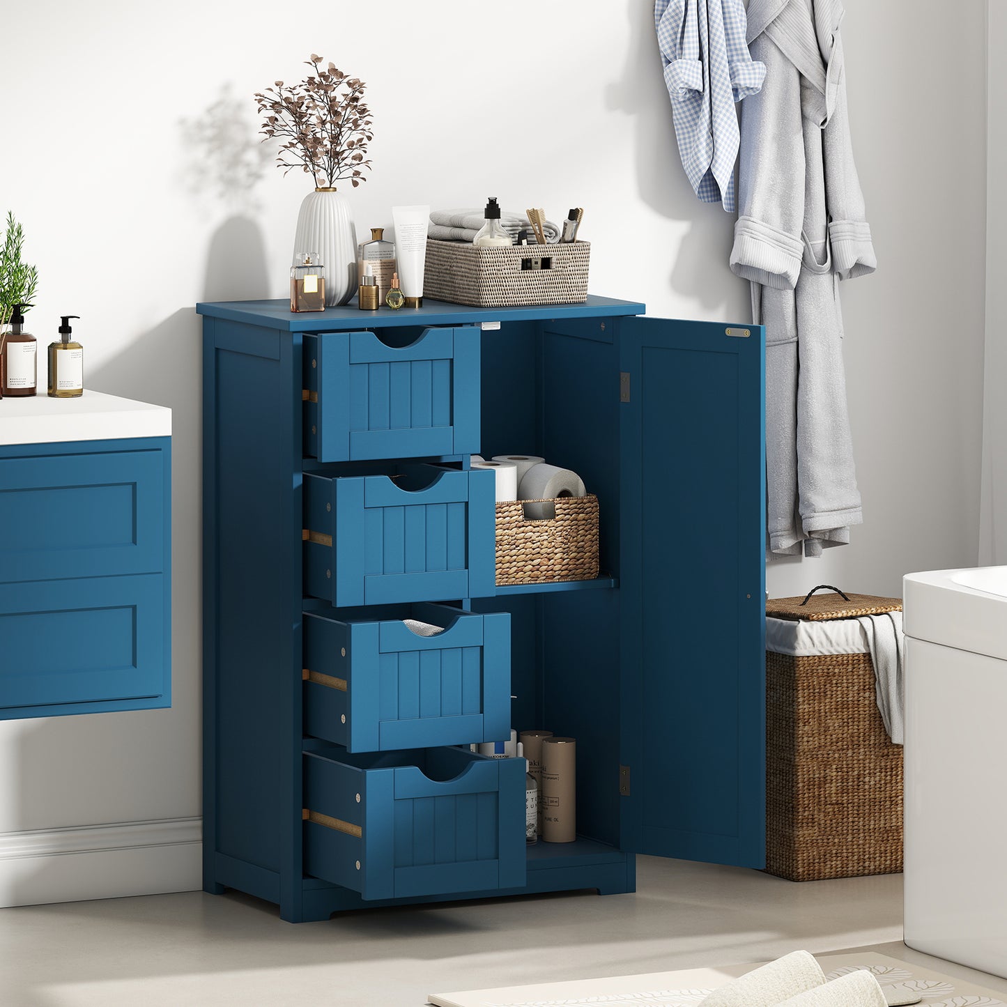 Free-Standing Wooden Cabinet with 4 Drawers and Door Cabinet, Blue