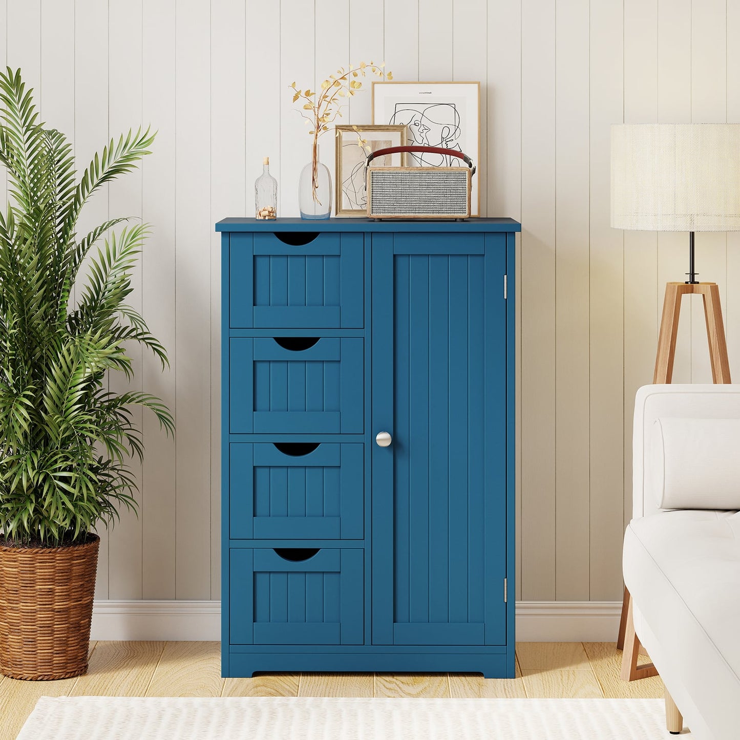 Free-Standing Wooden Cabinet with 4 Drawers and Door Cabinet, Blue