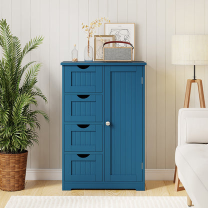 Free-Standing Wooden Cabinet with 4 Drawers and Door Cabinet, Blue