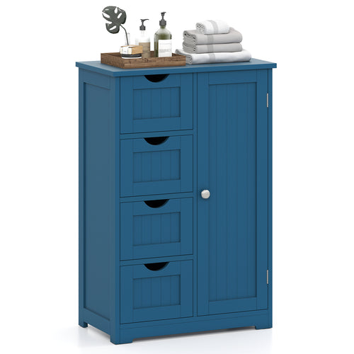 Free-Standing Wooden Cabinet with 4 Drawers and Door Cabinet, Blue