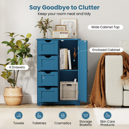 Free-Standing Wooden Cabinet with 4 Drawers and Door Cabinet, Blue